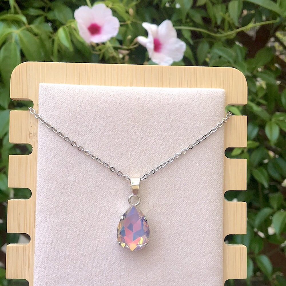 Gray Opal Aurora Borealis Iridescent Silver Pendant Drop Necklace - Picture 3 of 10